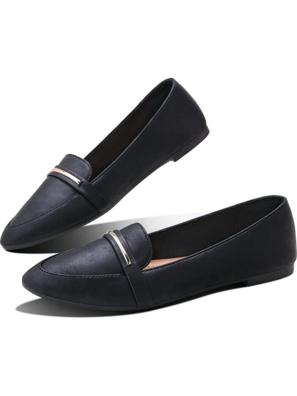 Women's Black Faux Leather Pointy Flats Comfortable Penny Loafer Slip On Shoes